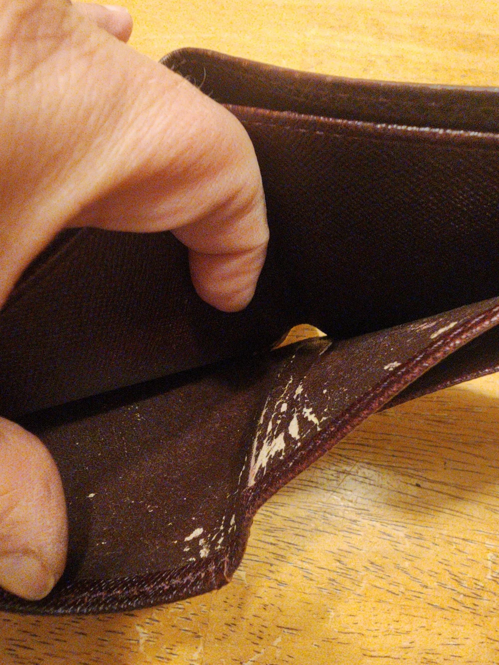 burgandy Louis Vuitton Taiga leather bifold wallet featuring a debossed LV